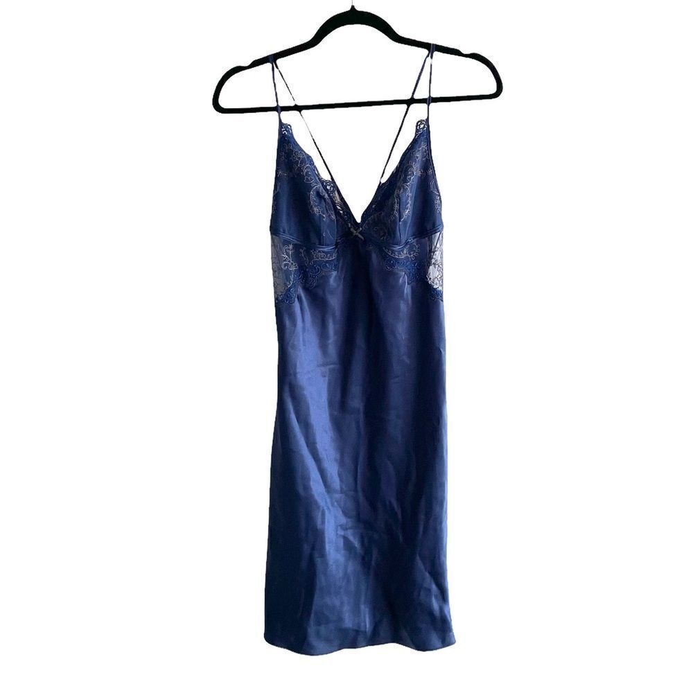 PARAH Lingerie Blue Satin Sleeveless Short Nightgown Nightdress Chemise Lace M
